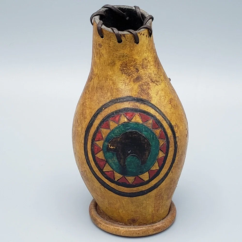 Hand Painted Southwestern Gourd Vase Art Decor Zuni Bear Motif‎ Folk Art